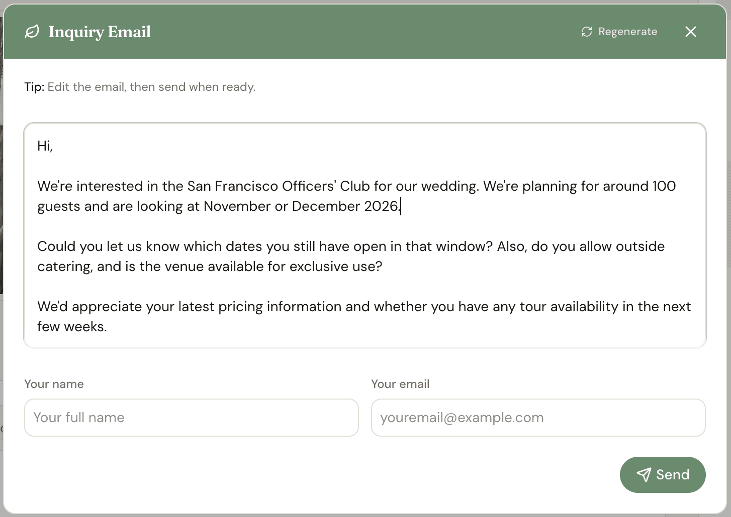 Personalized venue inquiry draft